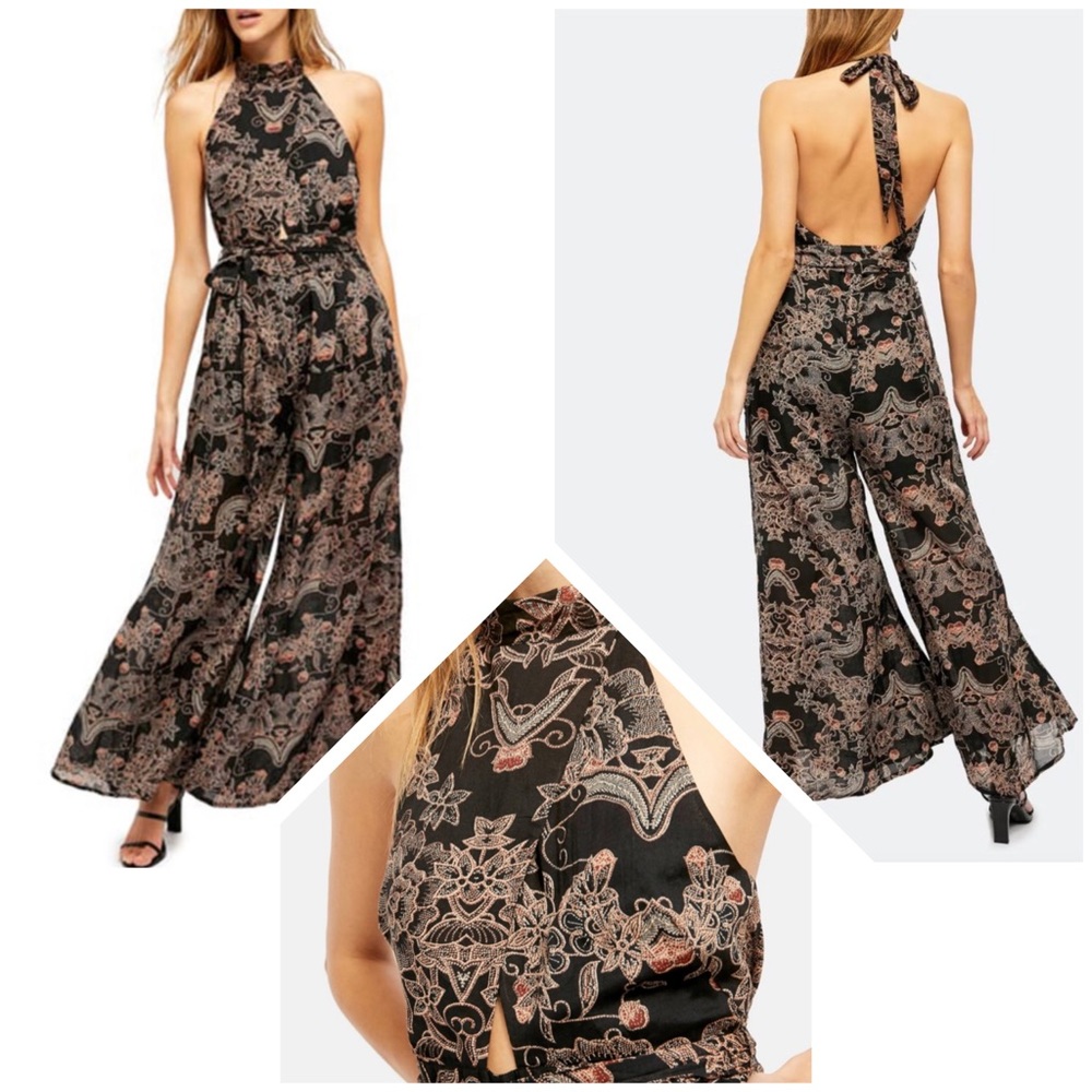 Free People kissing sunlight black combo halter jumpsuit M